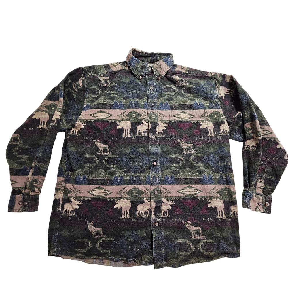 Woods & Water Button Down Shirt Mens L Green Southwestern Moose Print Cotton